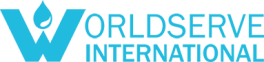 Logo of WorldServe International in blue with a graphic of a drop of water above the W 