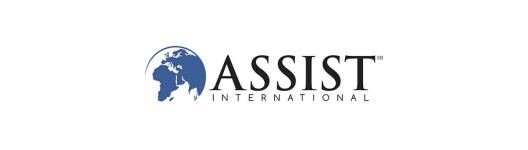 Logo with a blue graphic globe on left side and text Assist International on right