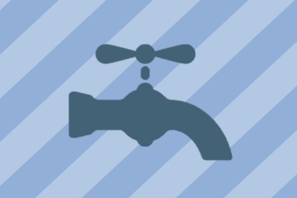 Graphic of water spigot in the middle of the image in a darker blue green color against a background of light blue and darker blue striped diagonal lines right to left