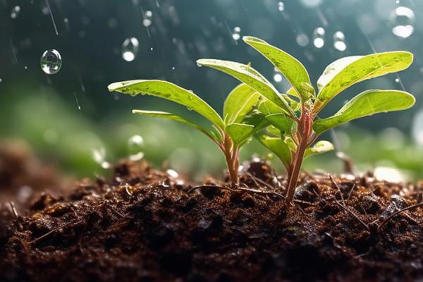Seedlings on dirt as rain drops pour down.