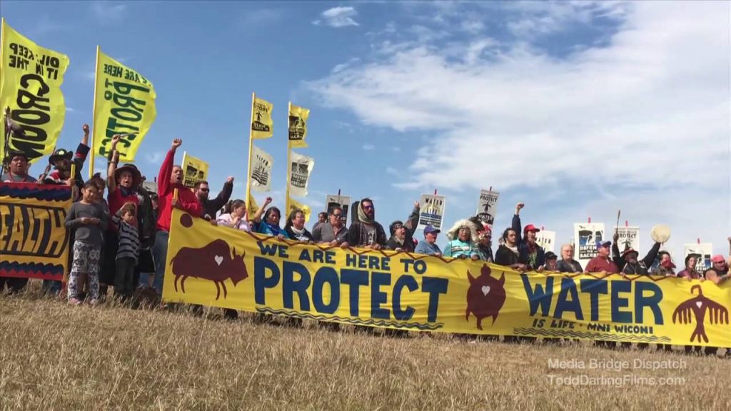 A group of demonstrators in a field under blue skies with signs and a long banner in front of them stating protect water