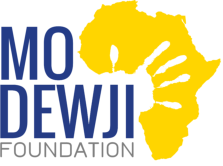Logo of Mo Dewji Foundation text to left in blue and graphic of Africa in yellow to the right
