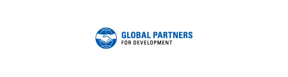 Logo text Global Partners for Development to the left of a graphic of a white handshake in a dark blue circle