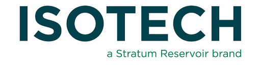 Logo of Isotech in dark blue and a sentence in lighter shade of blue green stating a Stratum reservoir brand