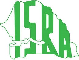 A white map with green outline and green letters ISRA inside the map.