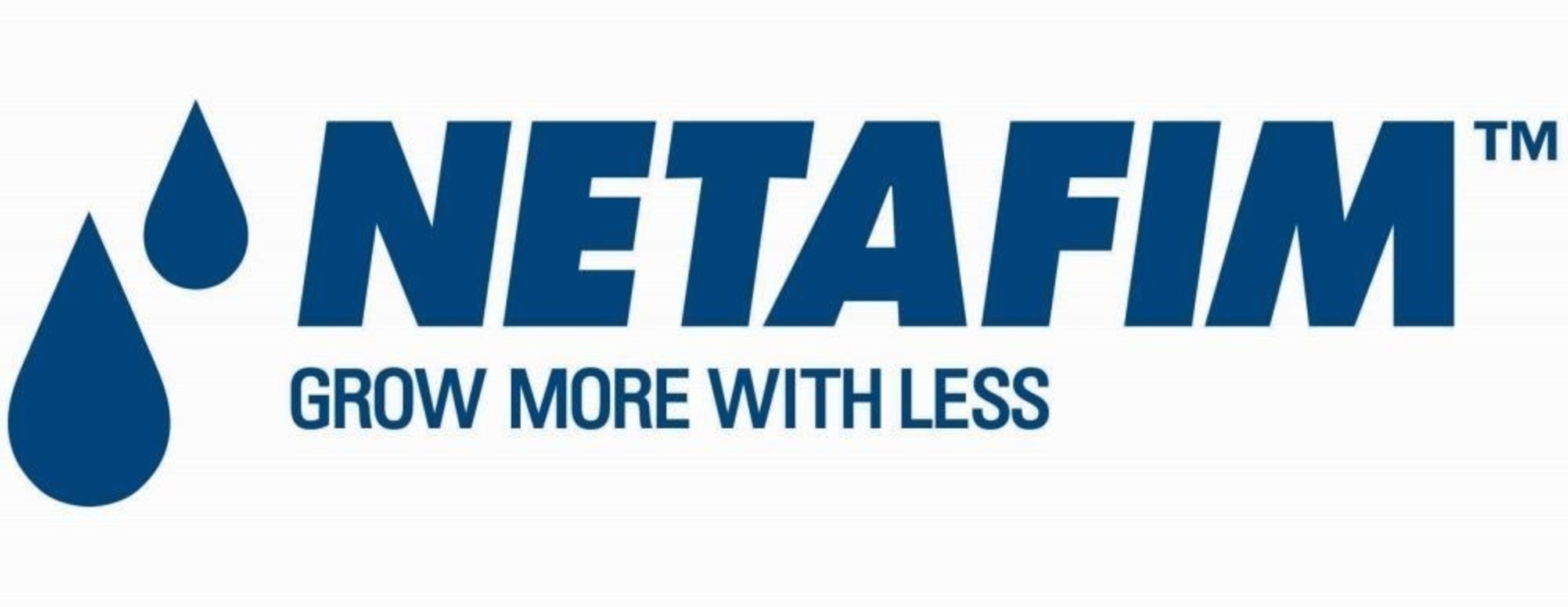 A dark blue logo with 2 blue drops and stating HETAFIM GROW MORE WITH LESS