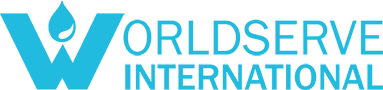 Logo of WorldServe International in blue with a graphic of a drop of water above the W