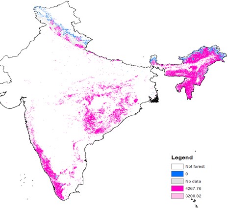 An outline map of India with white background and magenta and blue color dispersed around and legend for colors: White not Forest, Color blue has value 0,, gray has value no data, magenta value is 4267.76 and light pink value is 3200.82.
