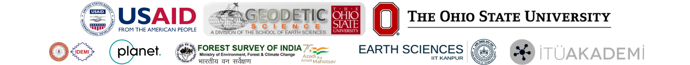 Logos of multiple places : USAID, The Ohio State University and Ohio State Geodetic Sciences, Planet, Forest Survey of India, Earth Sciences ITUAKADEMI