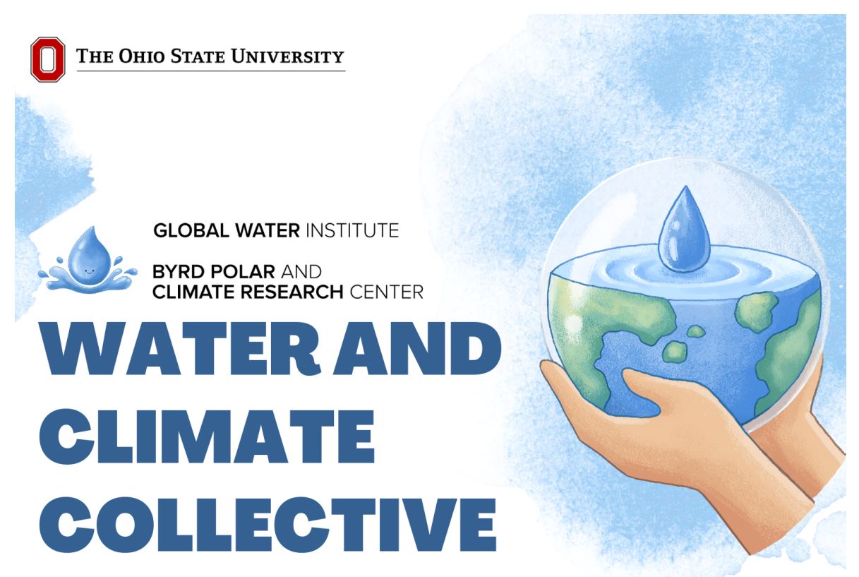 infographic or animated earth, two hands holding a half globe earth with the top half as a large drop falling into a body of water. Block O - Ohio State University Global Water Institute Byrd Polar and Climate Research Center Water and Climate Collective
