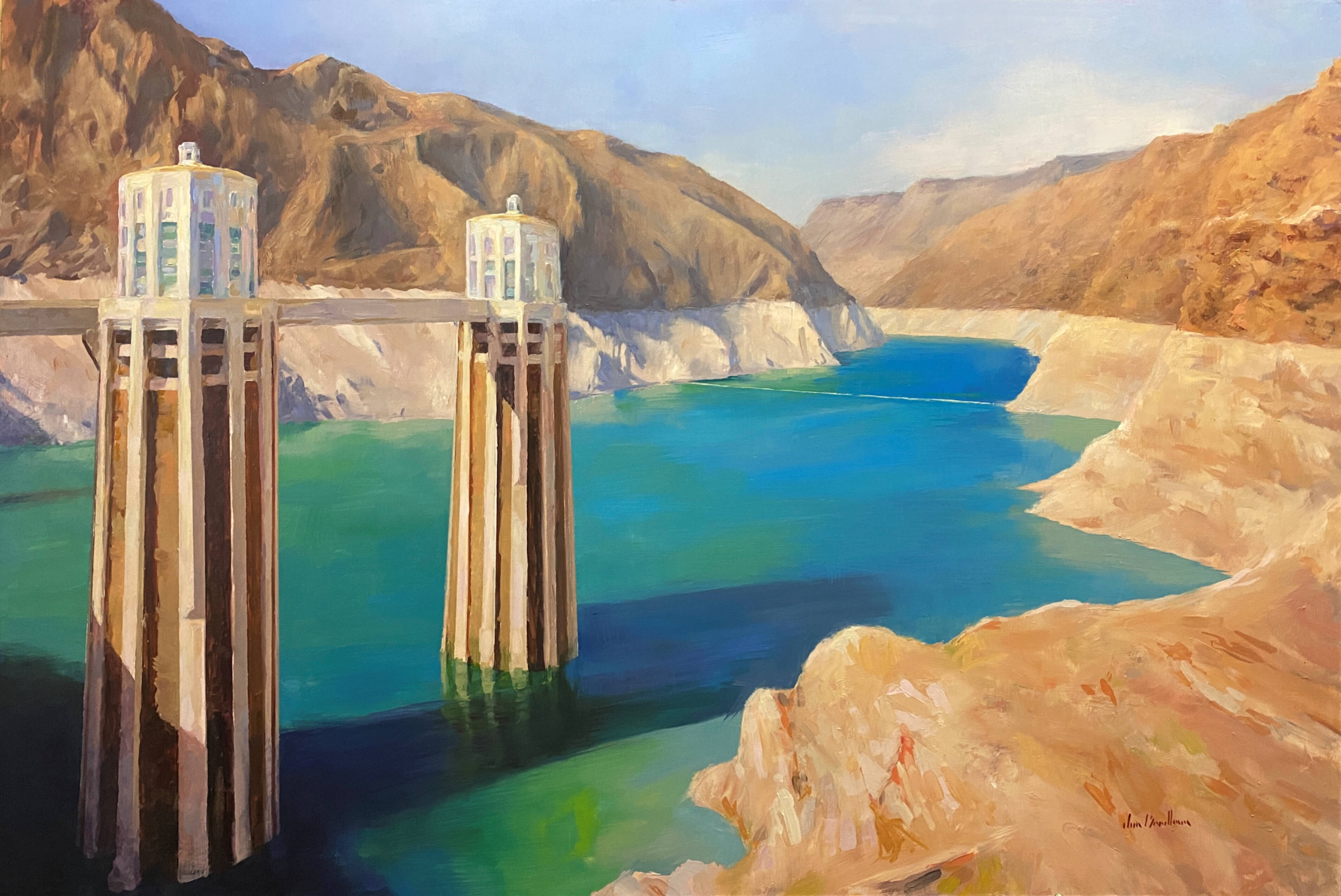 oil painting of a lake that has receded as seen with water marks on the cliffs and a bridge looking structure that protrudes into the water.