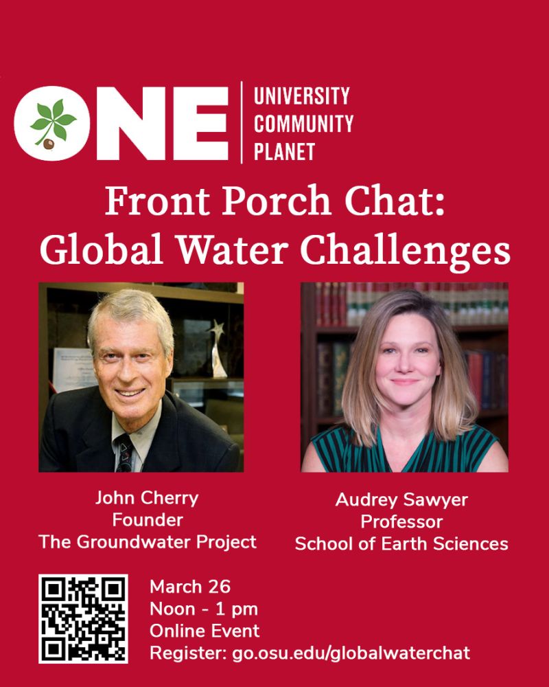 Promotional poster for a University Community Planet online event titled 'Global Water Challenges.' Featured speakers are John Founder of The Groundwater Project and Professor Audrey Sessor, with event details and a registration QR code.