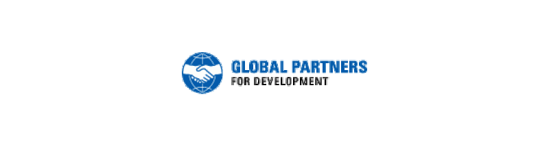 Logo text Global Partners for Development to the left of a graphic of a white handshake in a dark blue circle 