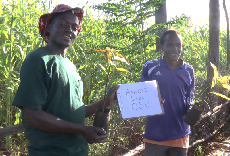 Two men standing outdoors, each holding a potted seedling, sharing a white sign that says Asanta Sana OSU