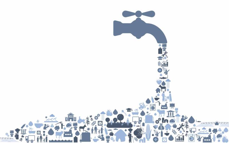 Graphic image of faucet with a number of items relating to or using water flowing out of it