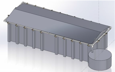 A 3D model of a long, rectagular building with a slanted roof and a round water silo on one end