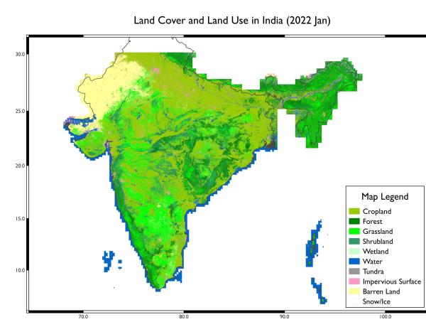 Map of India covered with different hues of green, pink, yellow and white and a blue perimeter on 3 sides but not on top with map title Land Cover and Land Use in India (2022 Jan) at top and map legend of colors on bottom right with greens at top (Cropland, Forest, Grassland, Shrubland, wetland) and blue (water), gray (Tundra), pink (Impervious Surface), yellow (Barren Land) and white (Snow/Ice) at the bottom right.