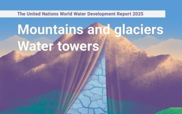 Cover of the United Nations World Water Development Report 2025 titled 'Mountains and Glaciers Water towers,' featuring a graphic of a person viewing a landscape of mountains, glaciers, and green valleys, with logos of UNESCO and UN Water.
