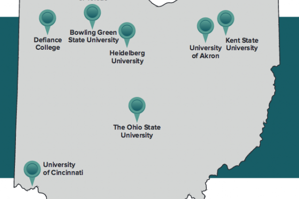The state of Ohio with University of Toledo, Defiance College, Bowling Green State University, Heidelberg University, University of Akron, Kent State University, The Ohio State University, and University of Cincinnati marked