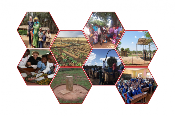 Hexagons displaying 8 photos that show the Global Water Institute's work. Agricultural fields are healthy, solar panels are installed and hospitals and schools are running efficiently. 