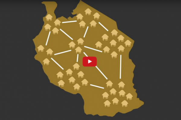 A cartoony map of Tanzania. Cartoony houses are clumped together into units with lines connecting between different units around the country. Overlaid on the image is a YouTube play button