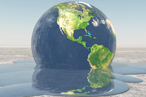 Graphic of the earth on a horizontal surface with South America falling off the globe onto the surface and water pouring onto the surface