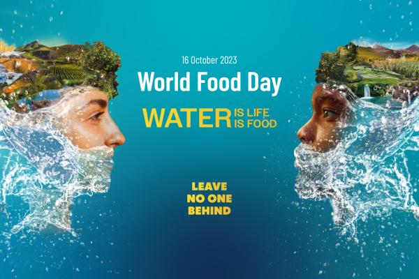 A side of two individuals looking at each other, with what looks like turbans, but is landscapes of green grass and trees, water and flowers on their heads with a background of blue green like water and bubbles with text: World Food Day 2023