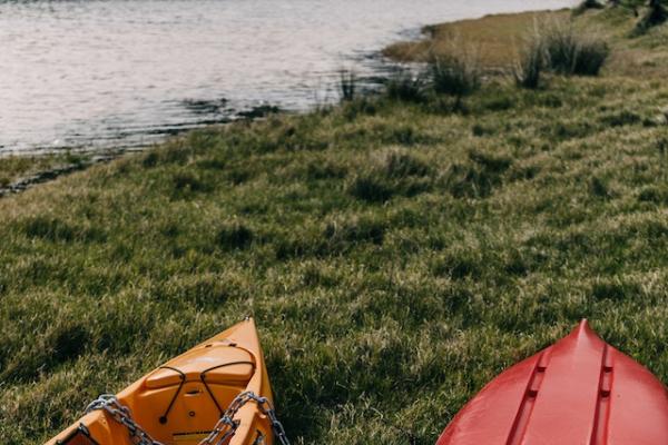 Two boats on grassy river bank.