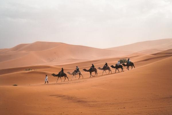 A caravan of camels and people going through the desert under blue skies and white clouds