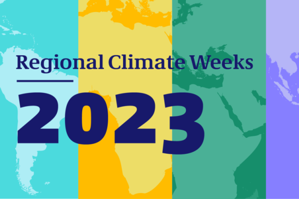 Opaque map of the world vertically divided into four colors of aqua, yellow, green and purple with text Regional Climate Weeks 2023.