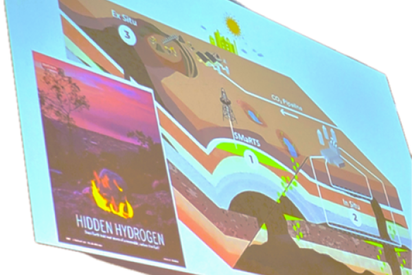 Image of an infographic of different earth layers with text stating three strategies for developing hydrogen using mafic rocks and a magazine cover of a scenic view of a valley down below under reddish purple skies with a fire burning in the foreground and text stating hidden hydrogen