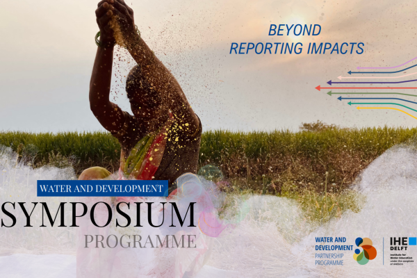 Poster Image of a women in traditional dress with raised hands with splashes of water in front of her and trees behind, and text: Water and Development Symposium and logo of Water and Development Partnership Programme and IHE DELFT