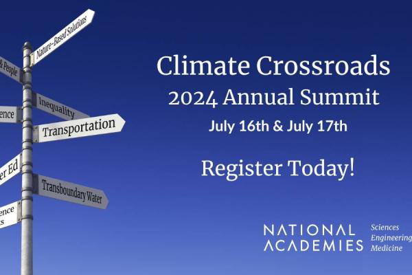 Flyer with blue background and a street sign. Text: Climate Crossroads 2024 Annual Summit July 16 & July 17 Register Today! National Academies of Science Engineering Medicine .