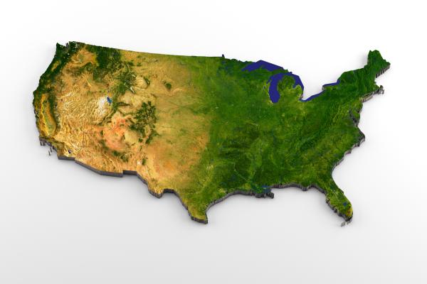 Map of the contiguous 48 States in 3D with green and brown color and lakes in blue.