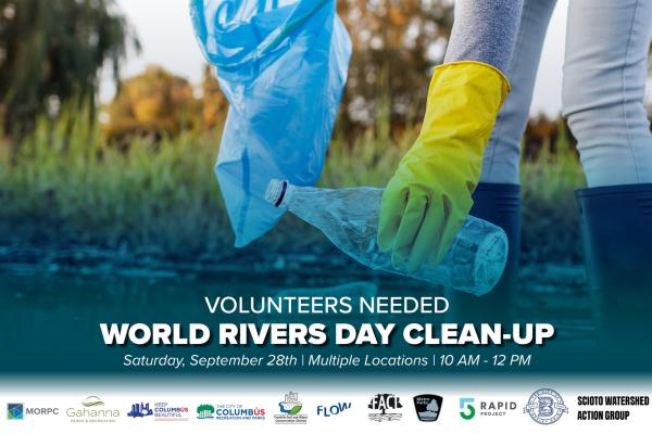Flyer of someone wearing blue gloves picking up a bottle from a river bank with text volunteers needed World Rivers Day Clean-Up Sunday September 28th multiple locations 10am-12pm and multiple icons