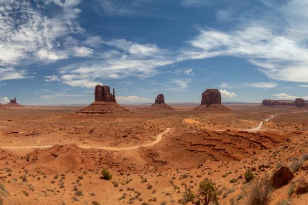 A desert landscape with a dirt road and individual mountains at a distance in a vast valley under blue skies nd white feather clouds.