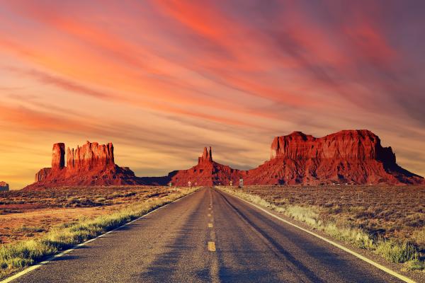 Road to Monument Valley at sunset.