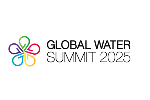 Logo for the Global Water Summit 2025 featuring a colorful, interlocking petal design next to the event title.
