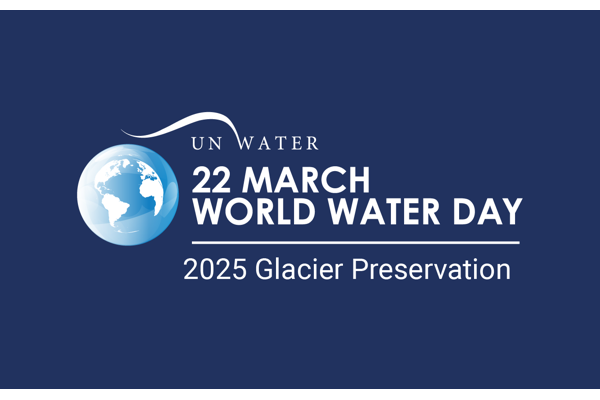 Logo for UN Water's World Water Day on March 22, 2025, themed on Glacier Preservation, featuring a stylized globe.