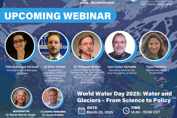 Promotional image for an upcoming webinar titled 'From Science to Policy and Practice: Day 2025' hosted by the International Water Association on March 20, 2025, for World Water Day. Features portraits of eight speakers from various global organizations, including UN-Water, IHE Delft, and the government of Bolivia, arranged around the text detailing event date and registration information.