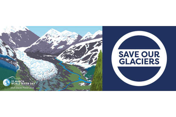 Illustration of a glacier flowing between mountains with a forest below, next to the logo "Save Our Glaciers" commemorating World Water Day, March 22, 2025, focusing on glacier preservation.