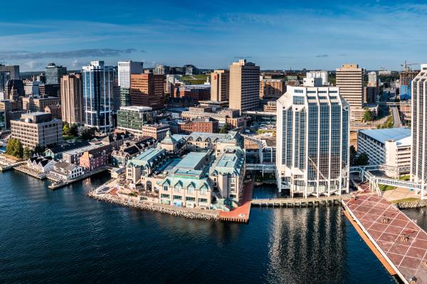 panoramic aerial view of Downtown Halifax with modern buildings located at waterfront
