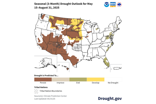 Map of the US showing drought areas in brown and yellow with a legend .