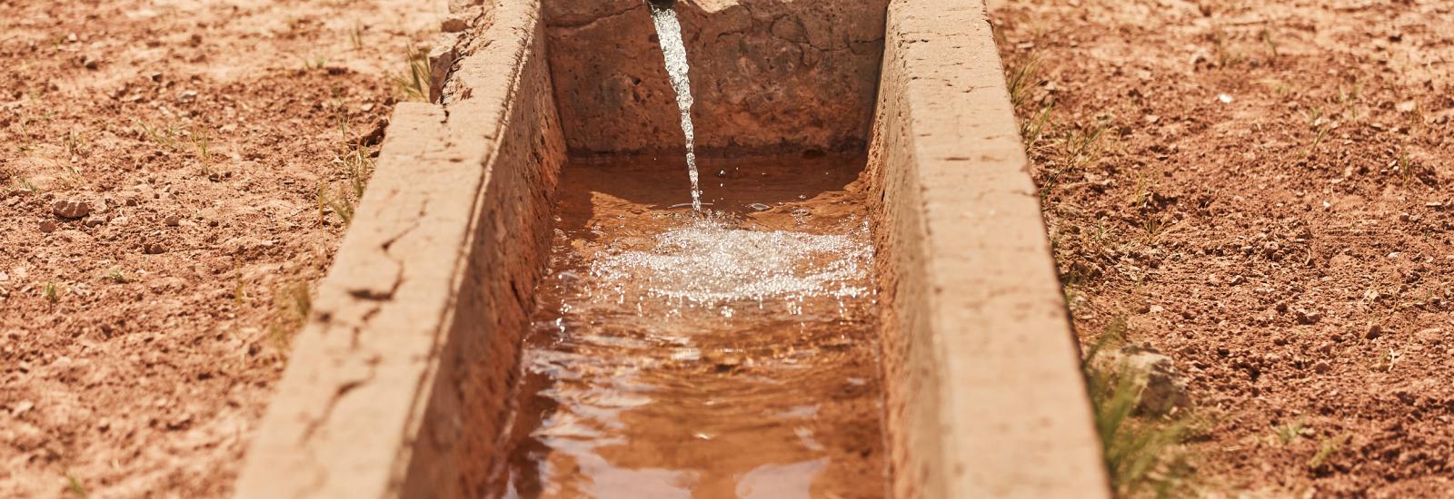 A man-made watering trough in reddish clay soil with water flowing into it through a pipe